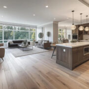 Kitchen with island and living room