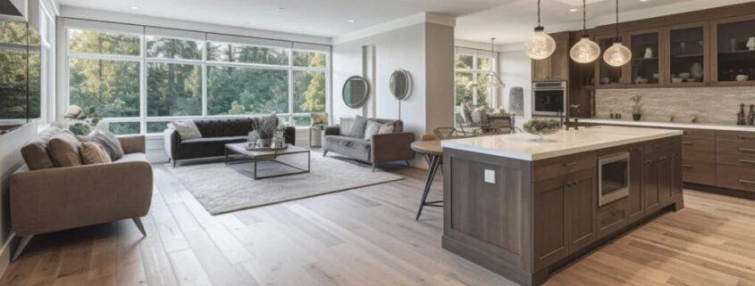 Kitchen with island and living room