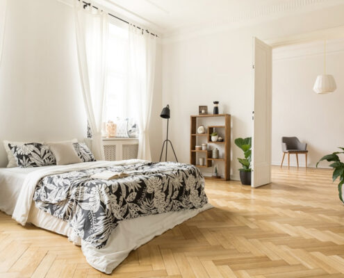 Bedroom with hardwood floor pattern